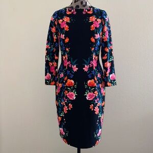 NWOT Eliza J Long Sleeve Black Floral Cocktail Evening Dress Gold Zipper Midi 8